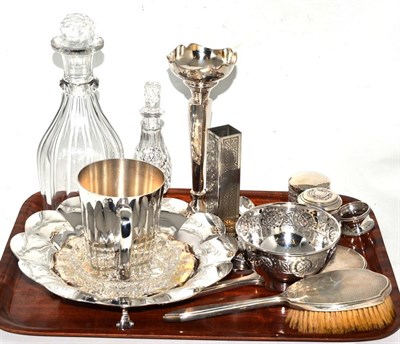 Lot 185 - Silver spill vase, silver mounted cut glass jars, silver hair brush and mirror, napkin rings,...