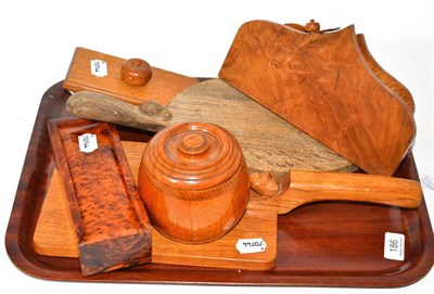 Lot 186 - Robert ";Mouseman"; Thompson cheese board and five other treen items including cased dominoes