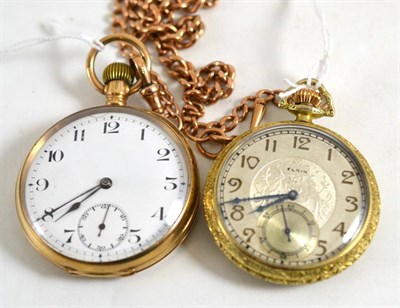 Lot 198 - A 9ct gold cased pocket watch with conforming chain, together with another in a gilt metal case