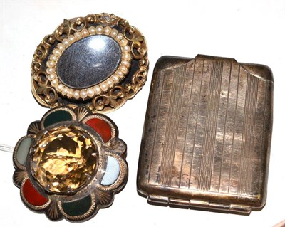 Lot 202 - A Sottish silver brooch, a Victorian mourning brooch and a silver vesta case