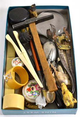 Lot 205 - A small box of miscellaneous including quill pens, silver spoons etc