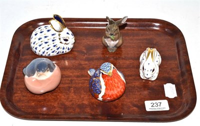 Lot 237 - Three Royal Crown Derby animal figures and two Copenhagen animals