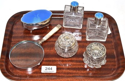 Lot 244 - Oval silver and blue enamel mounted trinket box, two silver mounted bottles, two silver mounted cut