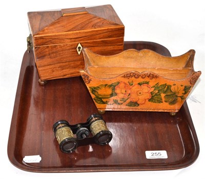 Lot 255 - A 19th century hinged two division tea caddy with covers, two division letter rack with floral...