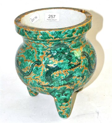 Lot 257 - A 19th century Chinese tripod censer with green dragons and phoenix with white enamel claws etc...