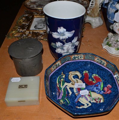 Lot 302 - Royal Copenhagen blue ground vase, Tudric pewter box, Losol St George bowl and an onyx...