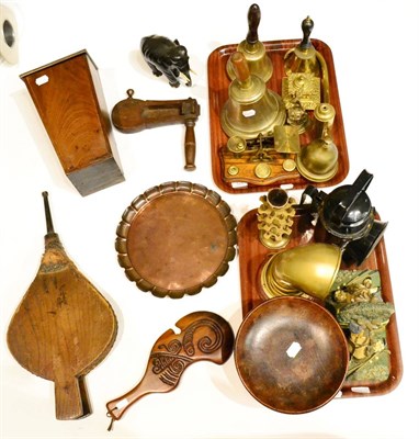 Lot 324 - A shelf of collector's items including three brass bells, scales, rattle, candle box, etc