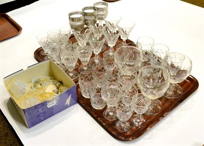 Lot 325 - Shelf of assorted cut glassware, Shelley teawares, wine glasses with silver decoration and a box of