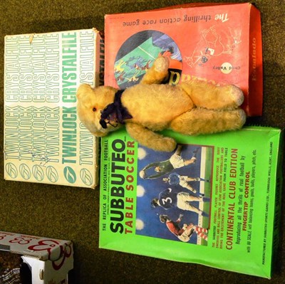 Lot 338 - Escalado boxed game, Subbuteto and a jointed teddy bear