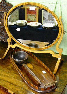 Lot 346 - Oval inlaid two handled tray, toilet mirror and carved spoon (3)