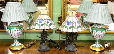 Lot 349 - Pair of porcelain vase lamps, a further resin figural pair