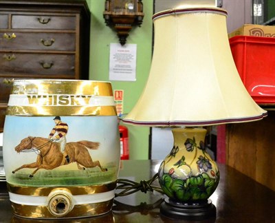 Lot 352 - Modern Moorcroft pottery table lamp and Victorian Staffordshire pottery spirit barrel (2)