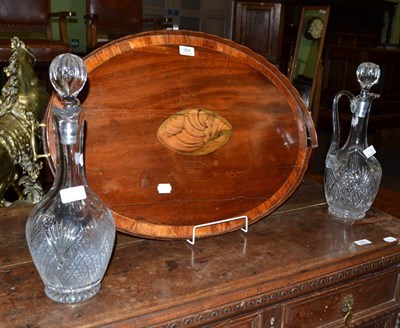 Lot 354 - Pair of cut glass decanters with stoppers and an inlaid tea tray (a.f.)