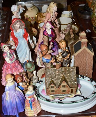 Lot 368 - Assorted Royal Doulton figures, Hummel figures, a child's oval dish, four Denby pottery houses etc