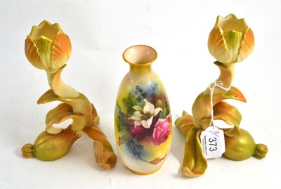 Lot 373 - Pair of Royal Worcester floral candlesticks and a rose decorated vase