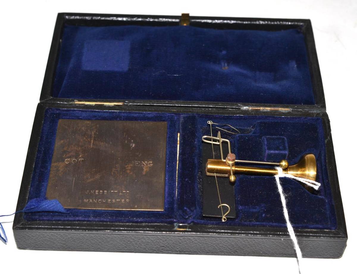 Lot 391 - John Nesbitt (Manchester) yarn assorting balance with brass stand and three square brass...