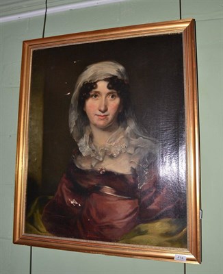 Lot 414 - Robert Faulkner (19th Century) A head and shoulders portrait of Mrs Goodwin Sedgwick wearing a...