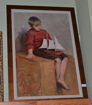 Lot 415 - In the manner of Stanhope Forbes, 'Boy with a Toy Yacht' oil on canvas, re lined and framed