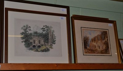 Lot 422 - Framed watercolour follower of Paul Sandby, another and four framed prints, views of Rievaulx...