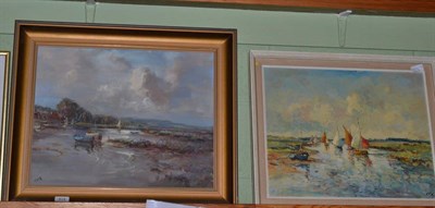 Lot 424 - Oil on board, sailing boats, signed Cox; another similar oil on canvas (2)