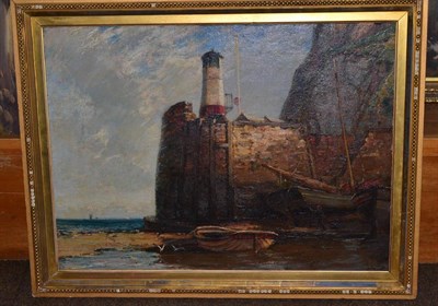 Lot 431 - Oil on canvas by James Campbell Noble, fishing boats moored by a harbour