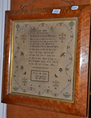 Lot 432 - Framed sampler worked by Frances Collins, aged 9 years 1832, with central verse 'On Man',...