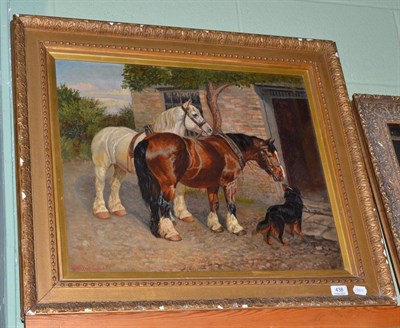 Lot 438 - Amos Watmough (19th century), a pair of shire horses and dog outside of a cottage, signed and dated