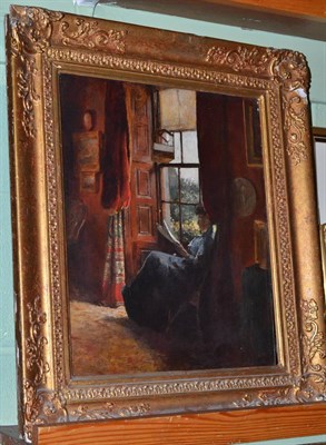 Lot 439 - Attributed to Ella Halsall, an interior scene with an elegant lady reading, signed and dated...