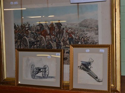 Lot 443 - Large coloured print after R Cayton Woodville, 'Jameson's Last Stand 1896'; two framed watercolours