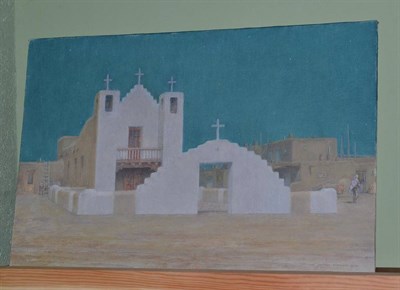 Lot 448 - Geoffrey Jenkinson RCamA (1925-2005) ";Taos Pueblo Church, Moonlight";, signed, oil on board,...