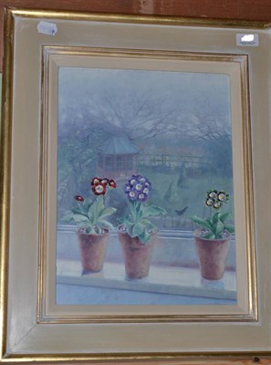 Lot 450 - Modern framed picture of auriculas on a windowsill, signed to bottom corner