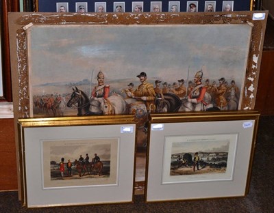 Lot 453 - A set of six gilt framed coloured prints, 'R Ackerman's Chobham Scenes'; and another unframed, 'The