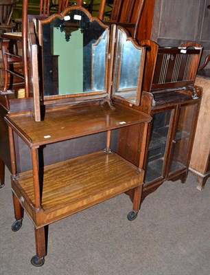 Lot 488 - Small oak bookcase, mahogany trolley, wine table, magazine rack and triptych toilet mirror (5)