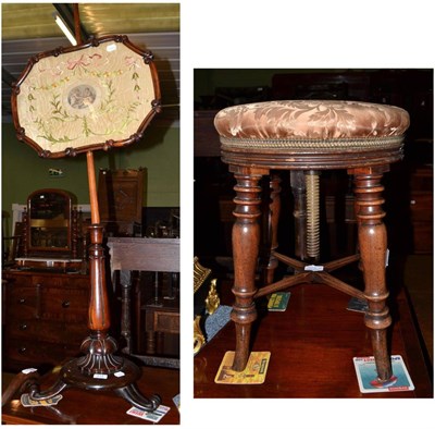 Lot 514 - A Victorian mahogany fire screen with embroidered inserts and a mahogany revolving piano stool