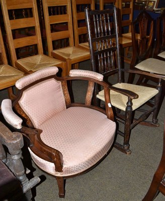 Lot 525 - Edwardian inlaid tub armchair and a country ladder back rocking chair