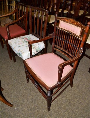 Lot 528 - Edwardian inlaid open armchair, mahogany carver chair and dining chair