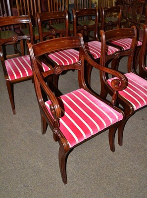 Lot 538 - Set of ten reproduction mahogany dining chairs, including two carver chairs, bearing Maple label