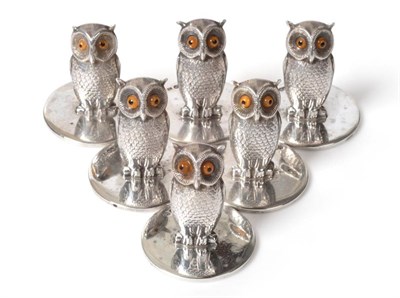 Lot 500 - A Set of Six George V Silver Novelty Owl Menu Holders, Sampson Mordan & Co, Chester, 1911, modelled