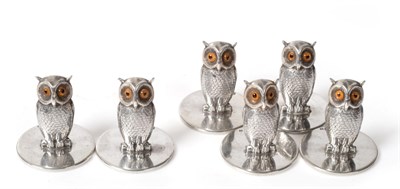 Lot 501 - A Set of Six George V Silver Novelty Owl Menu Holders, John Collard Vickery, Chester 1913, modelled