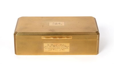 Lot 502 - A 9ct Gold Presentation Cigarette Box, Edward Barnard & Sons, London 1936, rectangular with cut...