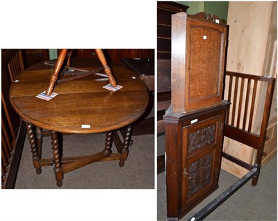 Lot 574 - Two hanging corner cabinets, pair of Edwardian double bed ends and an oak drop-leaf table