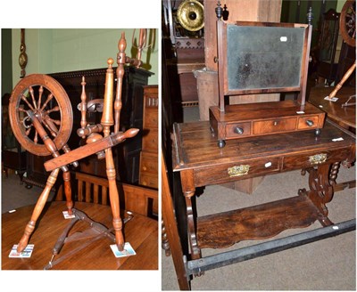 Lot 579 - A 19th century spinning wheel, mahogany toilet mirror and an oak side table