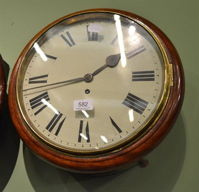 Lot 582 - Mahogany circular dial wall clock, key and pendulum