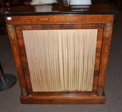 Lot 595 - Victorian side cabinet in walnut and marquetry with silk panelled door, with key