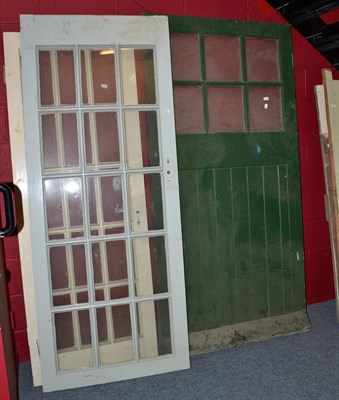 Lot 631 - Green painted glazed door, pair of painted panelled doors etc