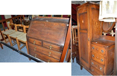 Lot 636 - Oak combination wardrobe, bedside cabinet, oak bureau, pair of Edwardian double bed ends, four...