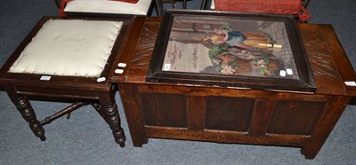 Lot 640 - Oak blanket chest, late 19th/early 20th century stool and a woolwork picture