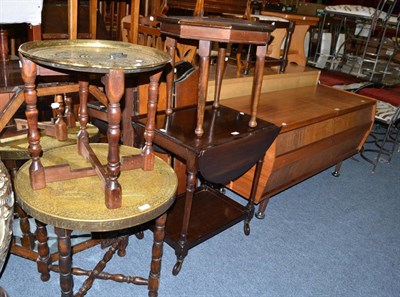 Lot 641 - Garrard stereogram in a HMV case, tea trolley, occasional table, two brass top tables and a mirror