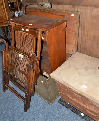 Lot 648 - Painted pine blanket chest, mahogany open bookcase with attached shell shaped lamp, upholstered box