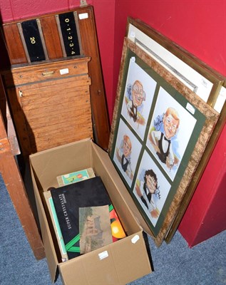 Lot 661 - Mawson snooker score board, two sets of snooker balls and one billiards, signed snooker caricatures